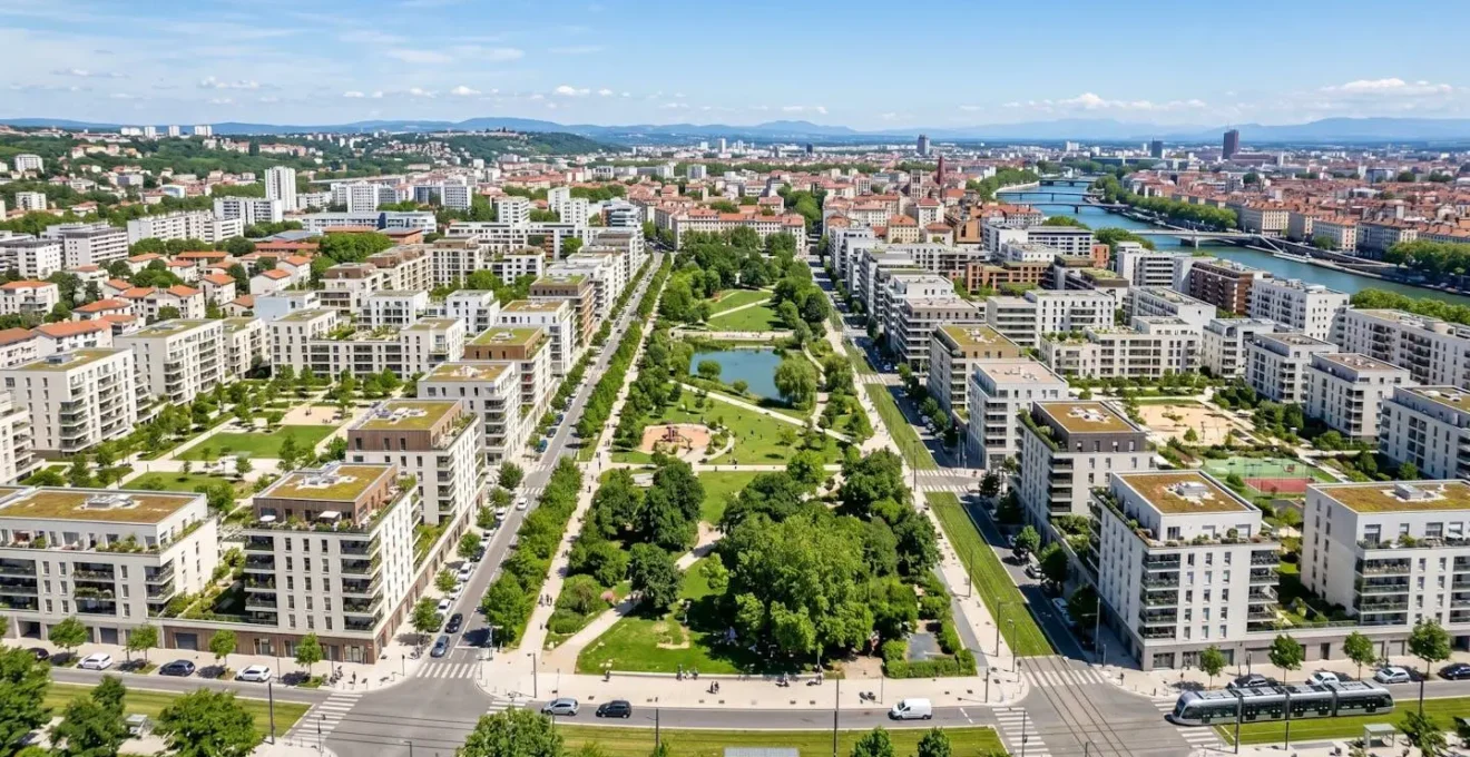 Vue aérienne d'un quartier résidentiel contemporain d'une grande ville française, avec immeubles récents, espaces verts aménagés et infrastructure urbaine visible sous un ciel dégagé